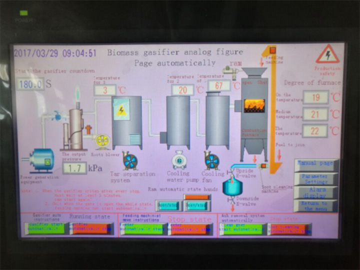 Panel de control de la central eléctrica de gasificación de biomasa.